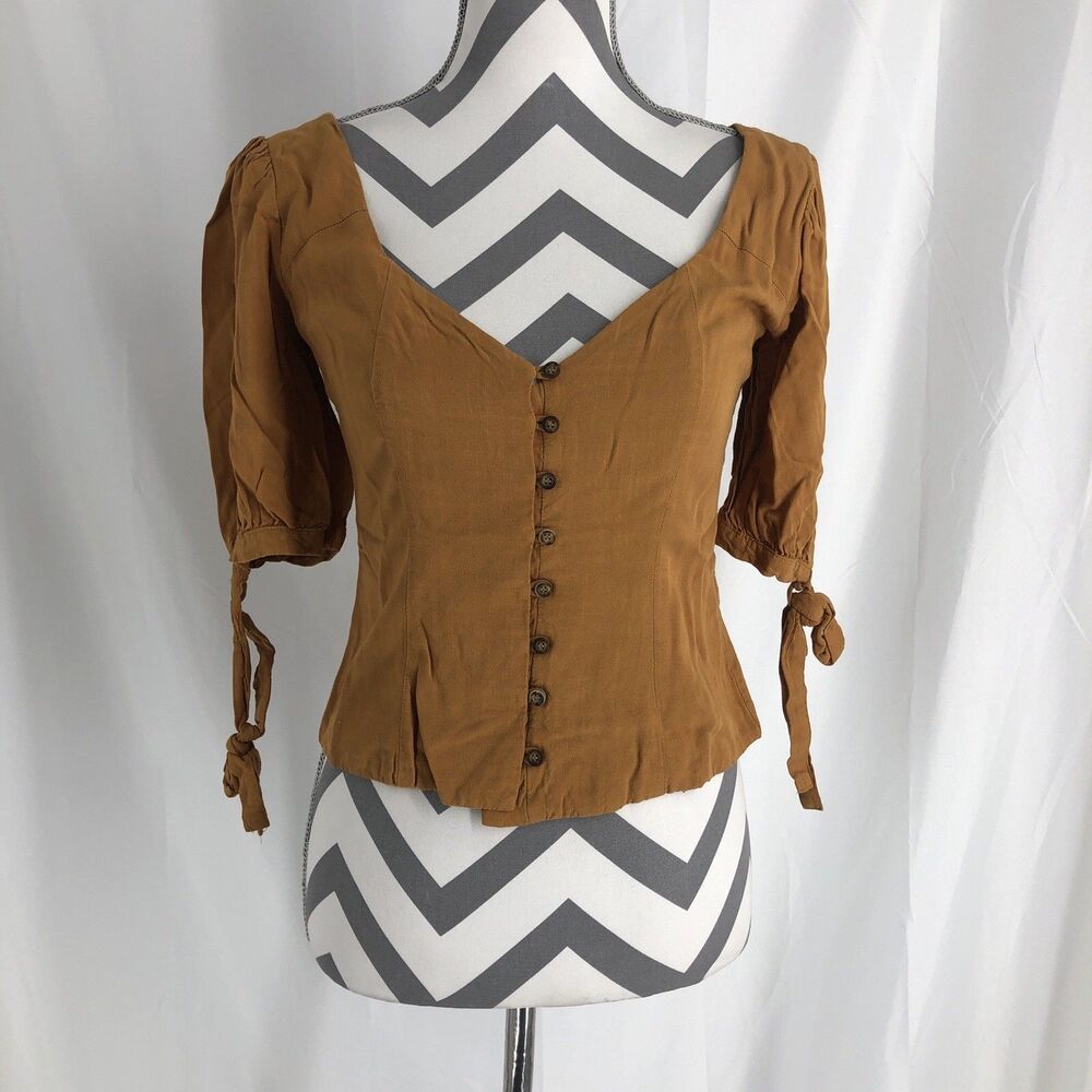 Socialite Terracotta Puff Tie Sleeve Crop Blouse Shirt Top Sz Small